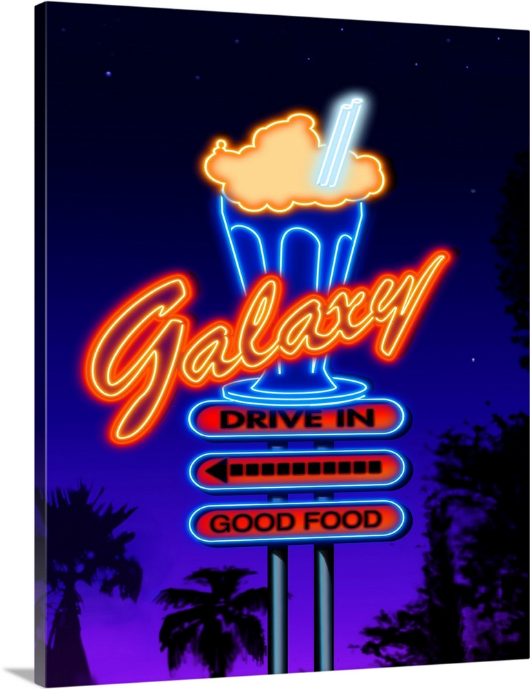 Digital artwork of the Galaxy Drive-In restaurant sign in glowing neon.