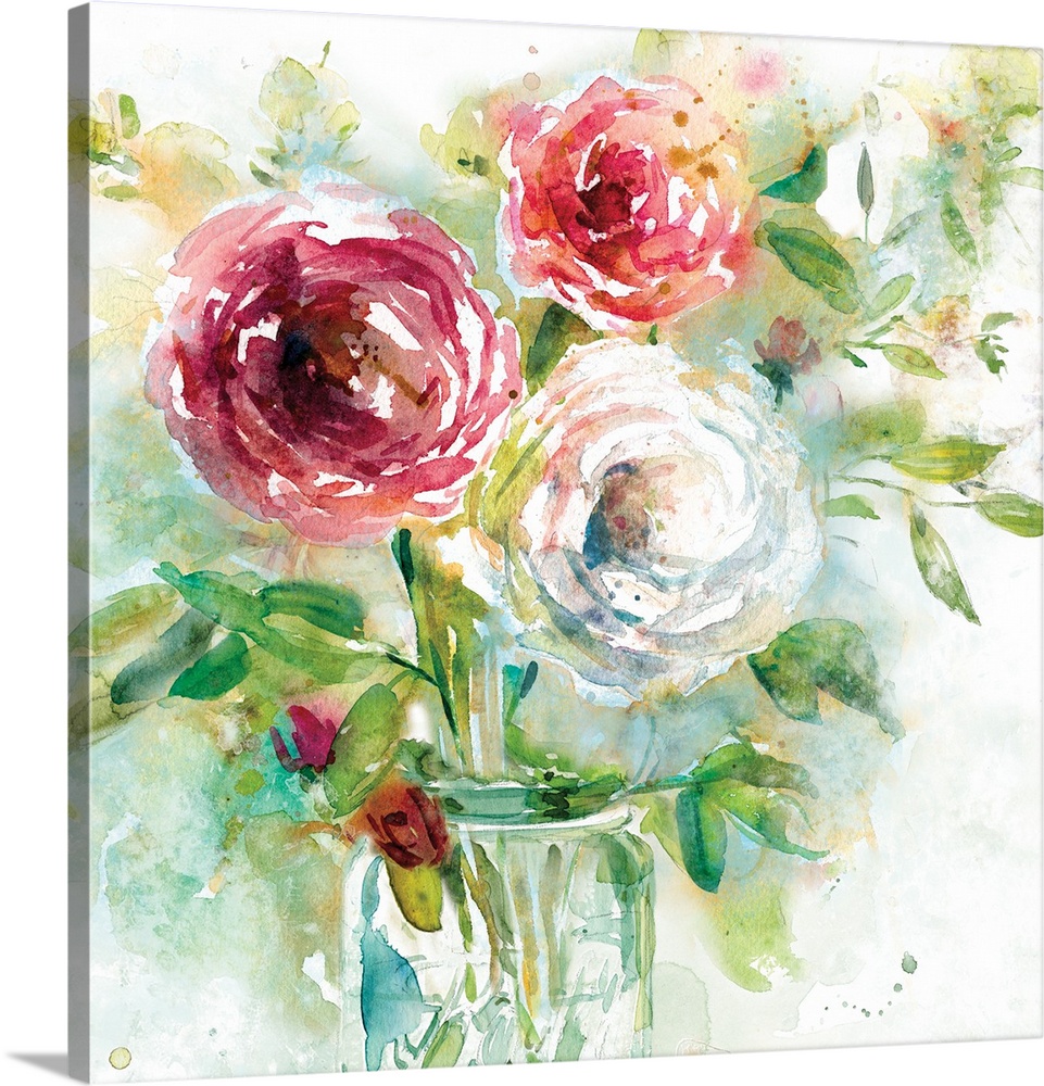 Fine art watercolor painting of an assorted bouquet of flowers in bright colors by Elizabeth Franklin.