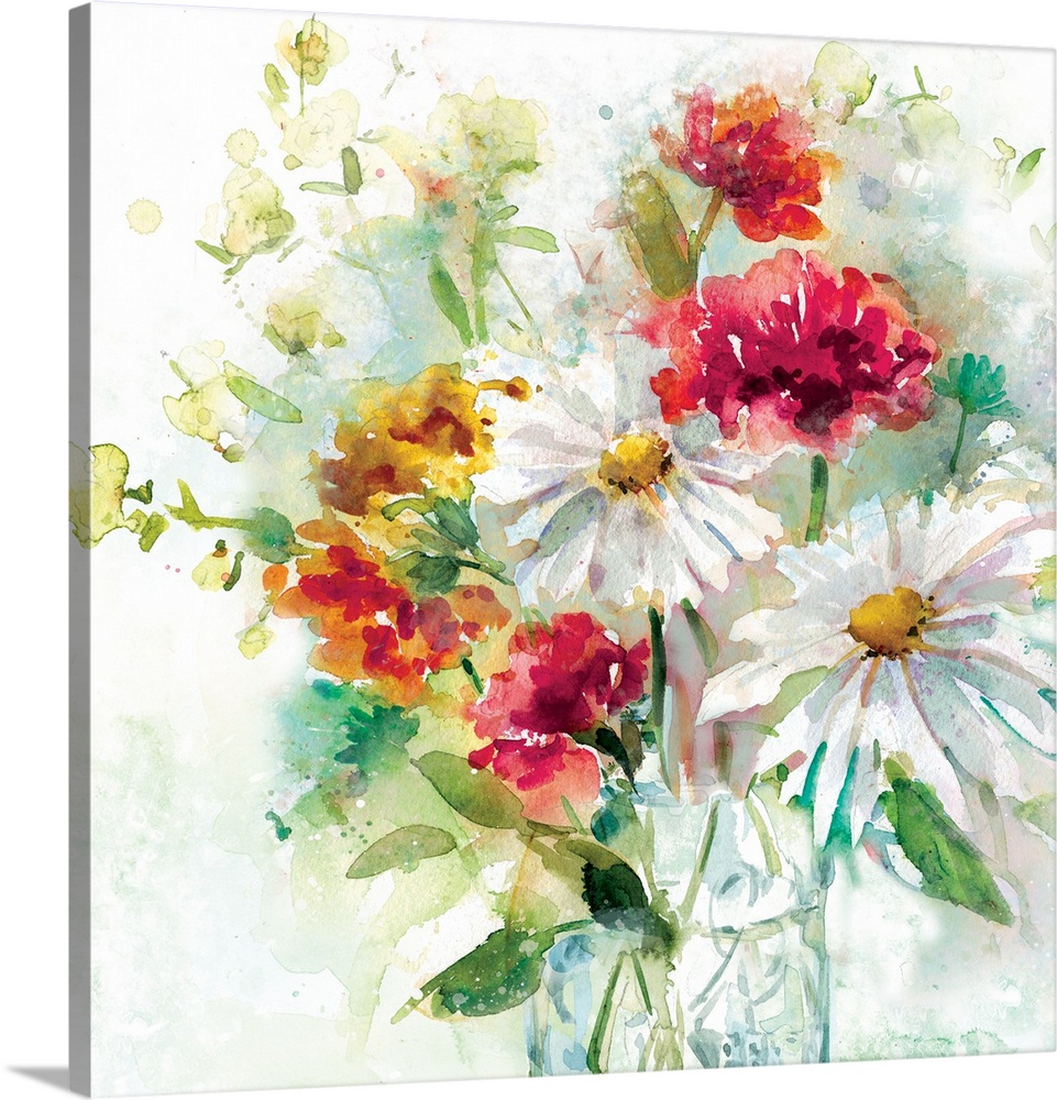 Fine art watercolor painting of an assorted bouquet of flowers in bright colors by Elizabeth Franklin.