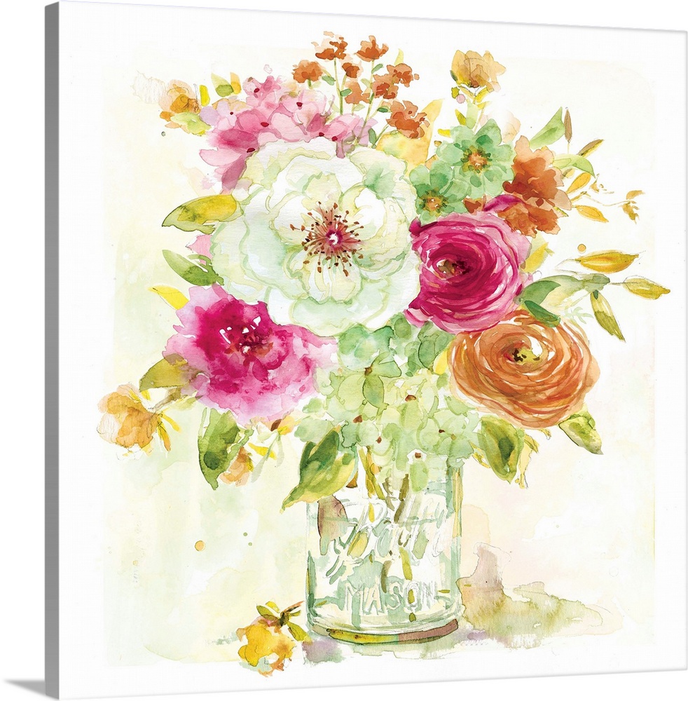 Fine art watercolor painting of an assorted bouquet of flowers in bright colors by Elizabeth Franklin.