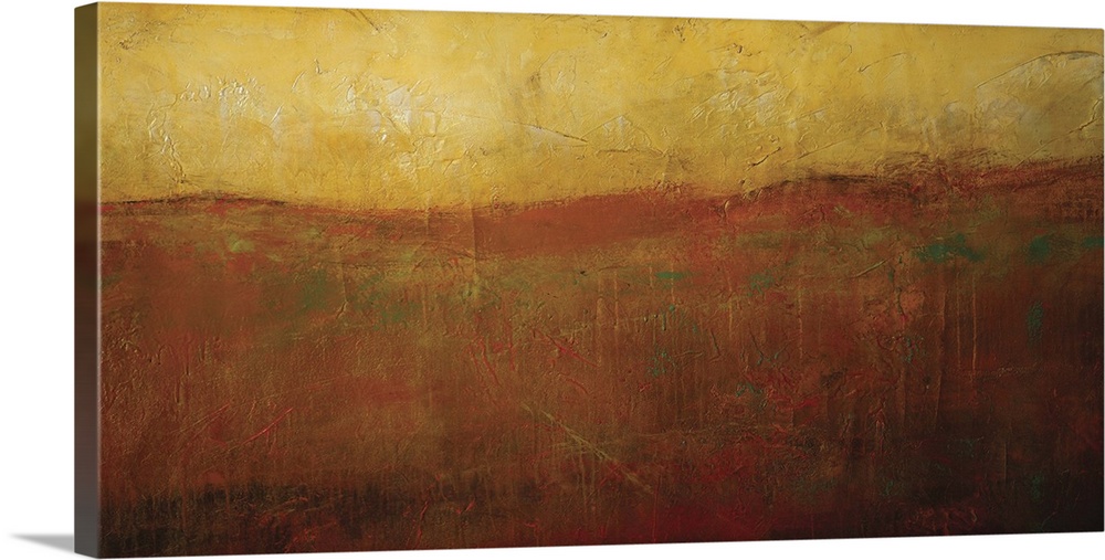 Abstract artwork of a golden hued sunrise illuminating a smoky orange hilltop.