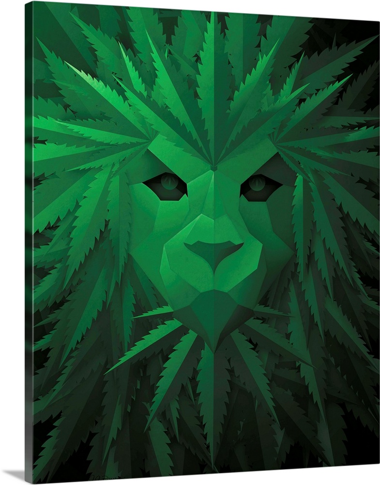 Digital art painting of a poster titled Green Lion by JJ Brando of a lion made out of marijuana leaves.