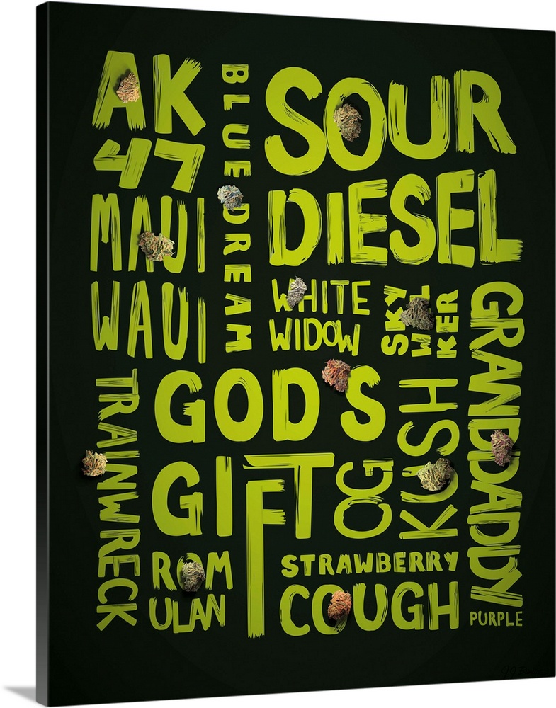 Digital art painting of a poster with all the nicknames, street names and slang for marijuana in bright black and green by...