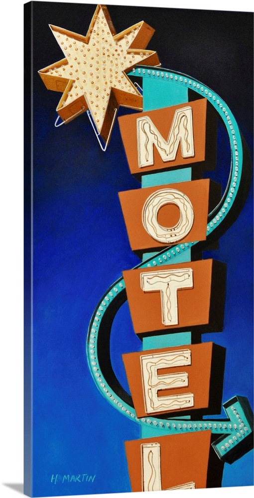 Fine art oil painting of a brightly colored vintage neon motel sign shining brightly on a blue background by Heidi Martin.