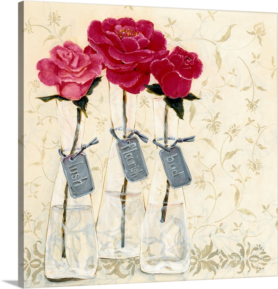 Contemporary painting of three flowers in shades of pink with tags attached to the vases that read left to right, "Lush, F...