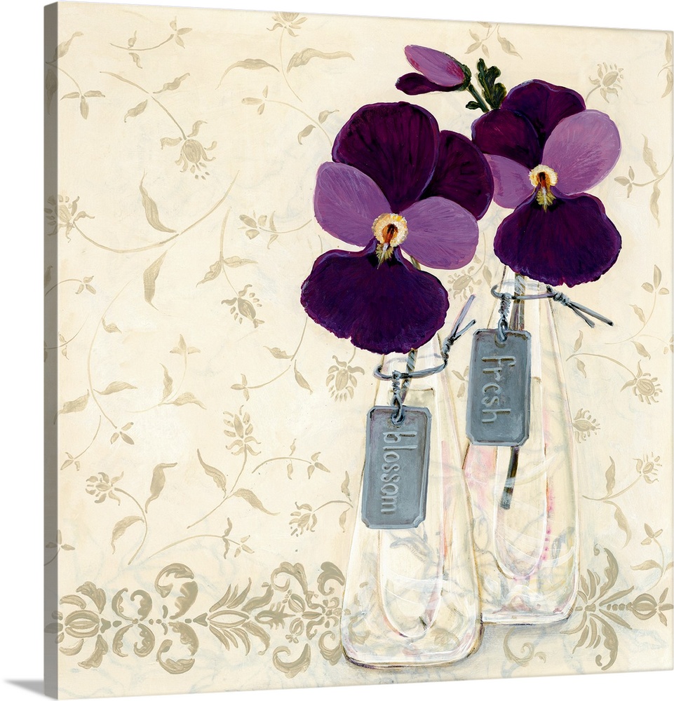 Contemporary painting of two flowers in shades of purple with tags attached to the vases that read left to right, "Blossom...