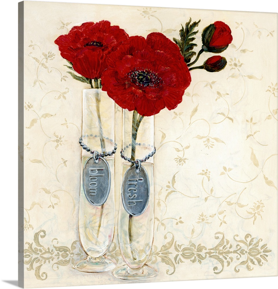 Contemporary painting of two flowers in shades of red with tags attached to the vases that read left to right, "Bloom, Fre...