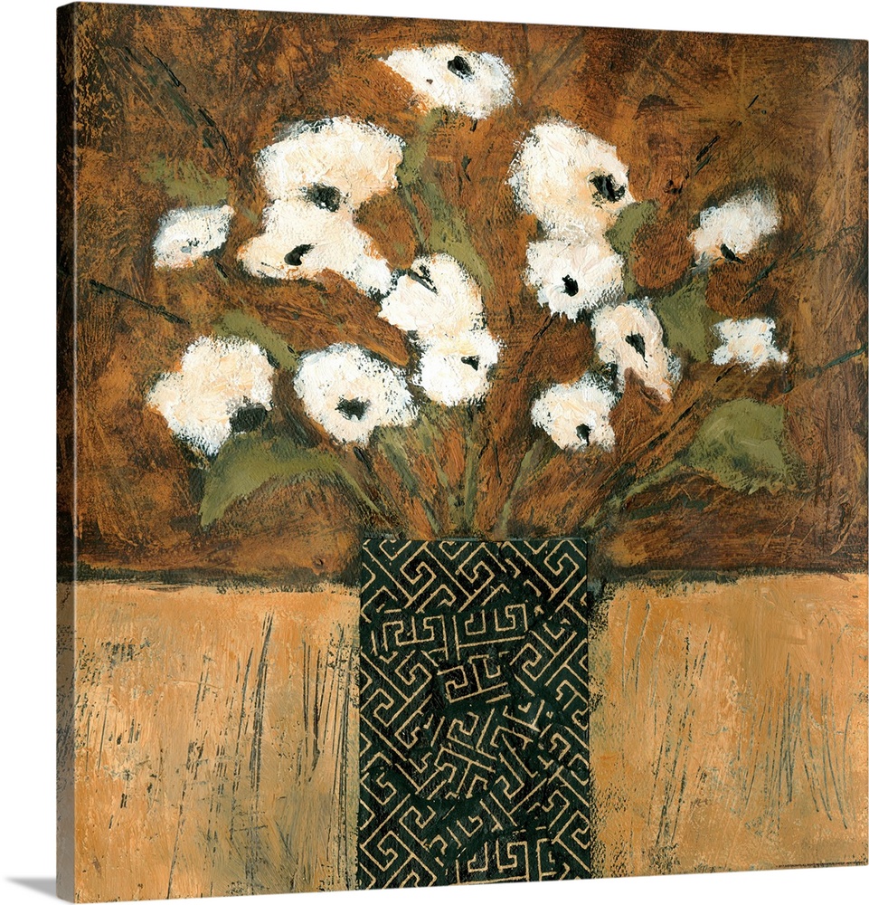 Contemporary painting of a bouquet of white flowers in a patterned vase.