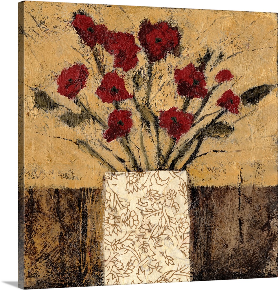 Contemporary artwork of a bouquet of red flowers in a patterned vase.