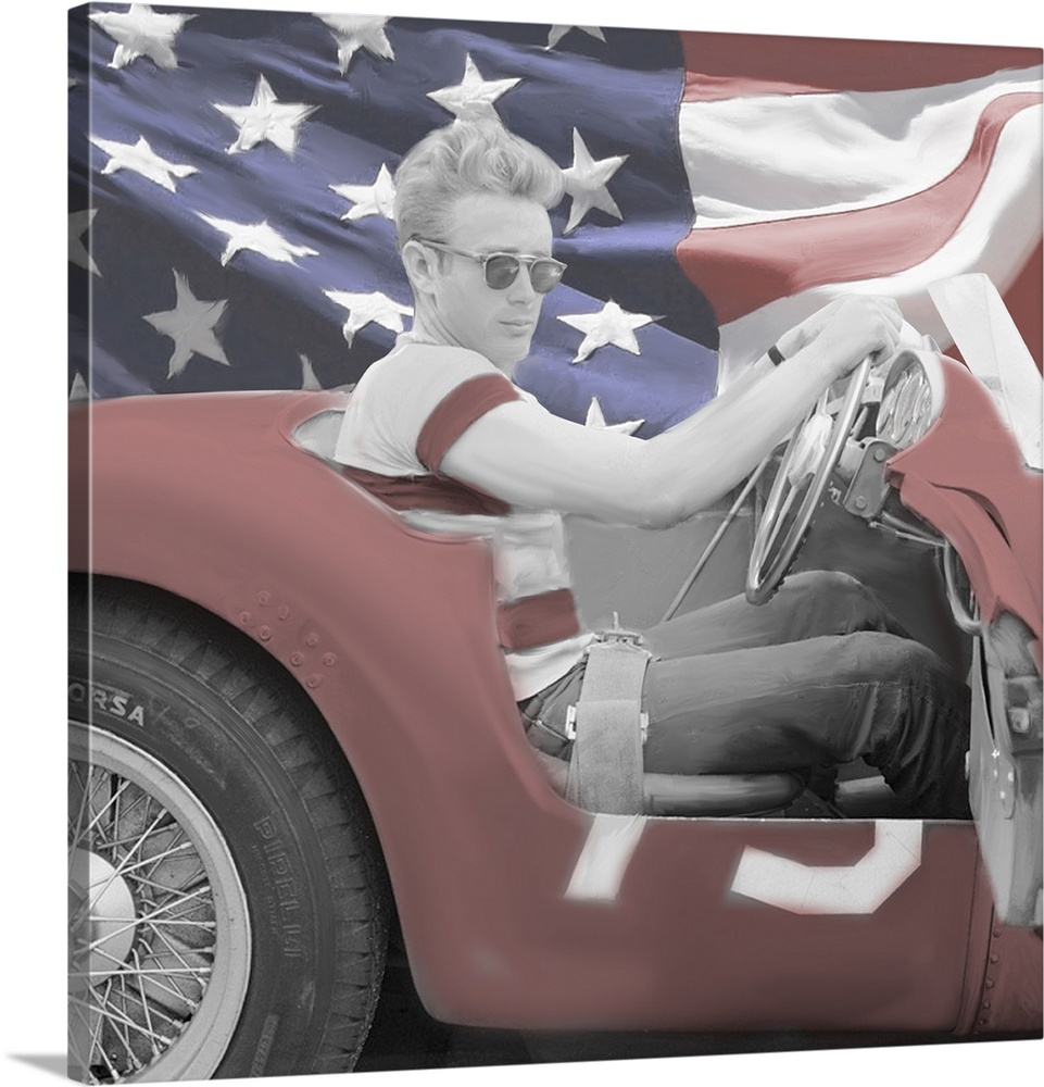 Digital art painting in black and white with color, of James Dean in his sports car with a US flag background by Jerry Mic...