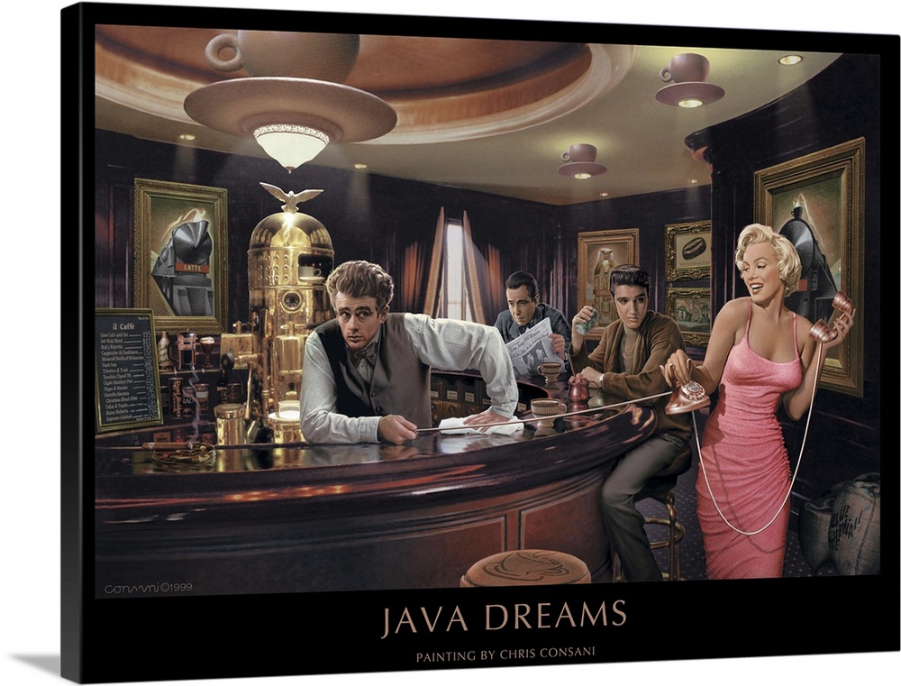 Painting of Marilyn Monroe in a coffee shop with James Dean as a barista.