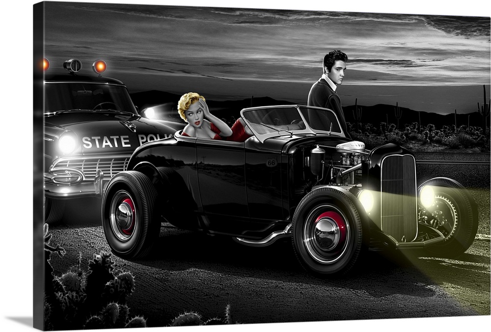 Digital art painting of Marilyn and Elvis in a roadster being pulled over by the State Police by Helen Flint.