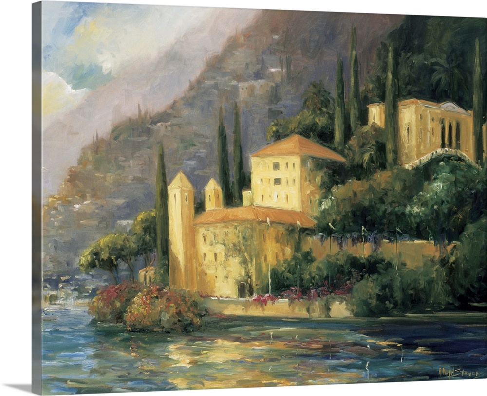 Painting of a villa on the water's edge in Italy.
