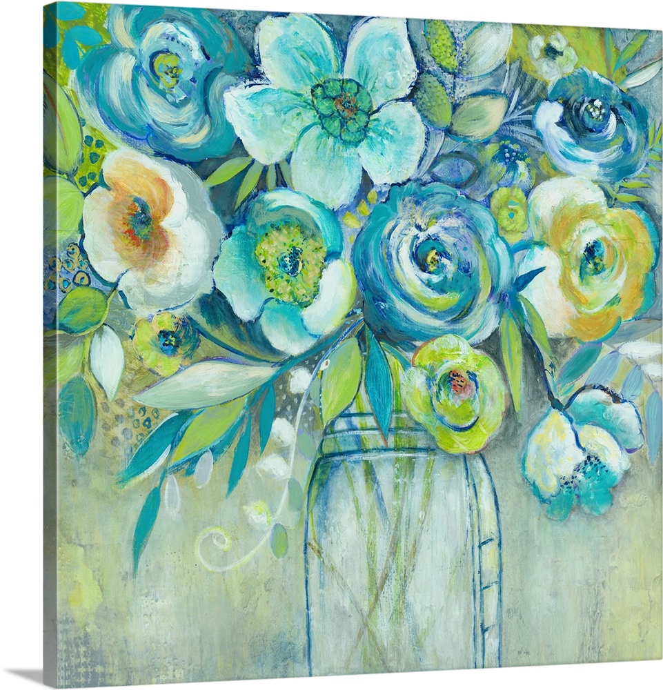 Fine art painting of a bouquet of flowers in blues, greens and whites by Elle Summers.