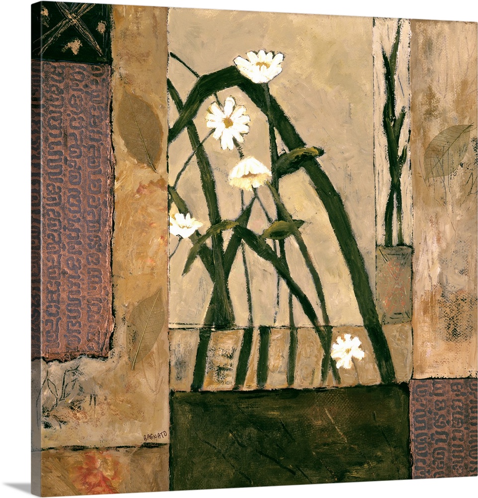 Contemporary painting of daisy blooms with leaves and a geometric style background.