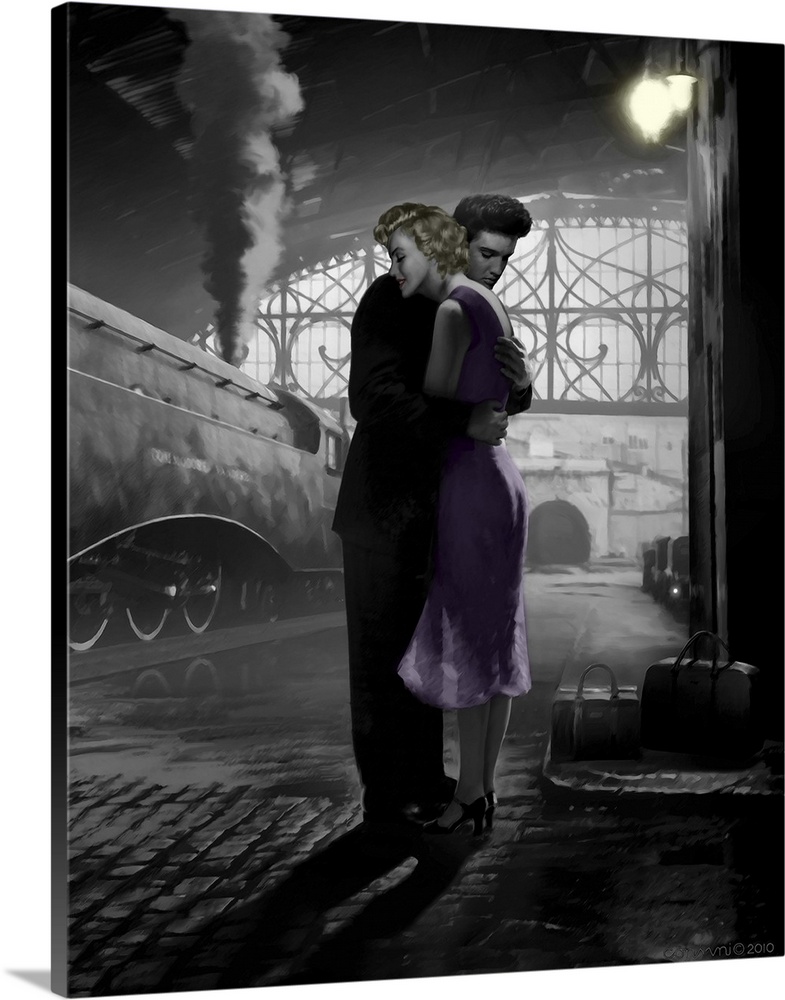 Painting of Marilyn Monroe and Elvis Presley embracing in a train station.