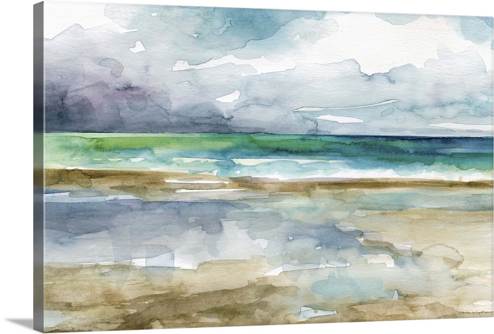 Fine art watercolor painting of the beach in blues, green and gray by Elizabeth Franklin.