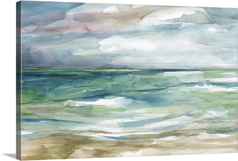 Fine art watercolor painting of the beach in blues, green and gray by Elizabeth Franklin.
