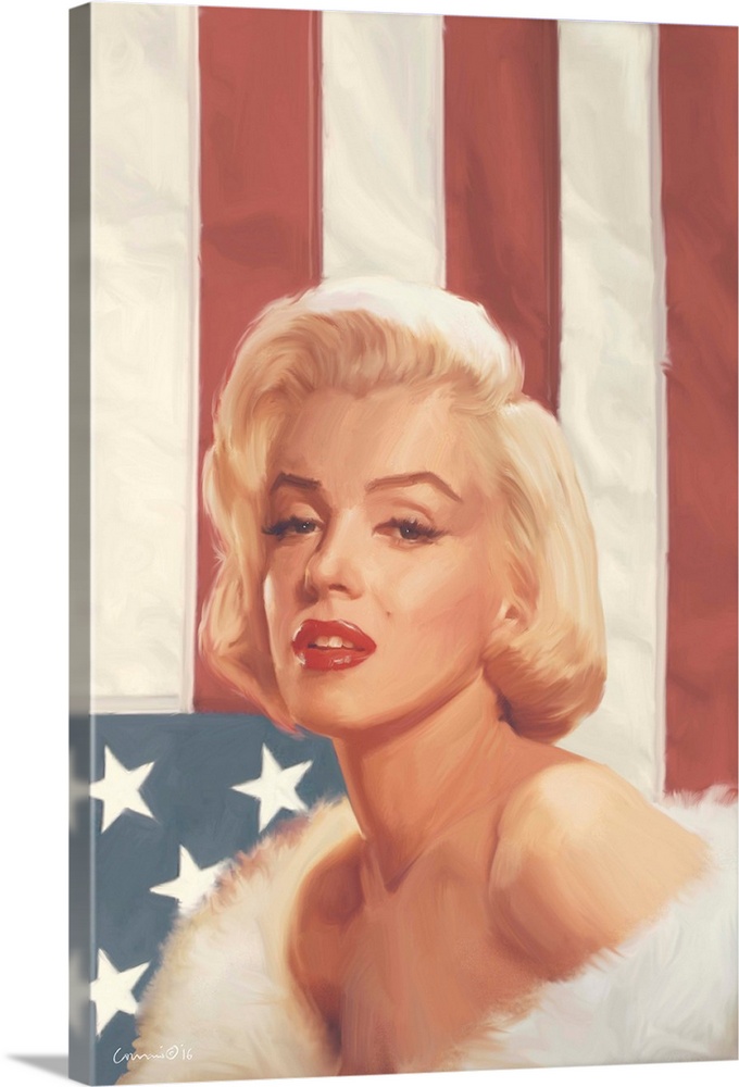 Painting of actress Marilyn Monroe against an American Flag.