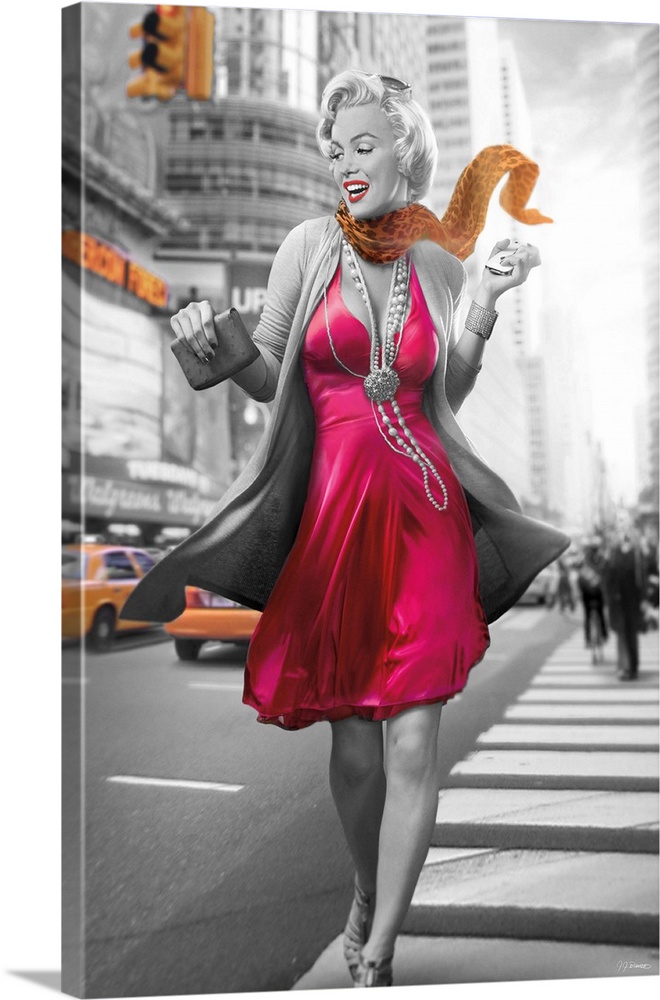 Digital art painting of Marilyn Monroe, in black and white with splashes of orange and fuchsia, strolling down the avenue ...