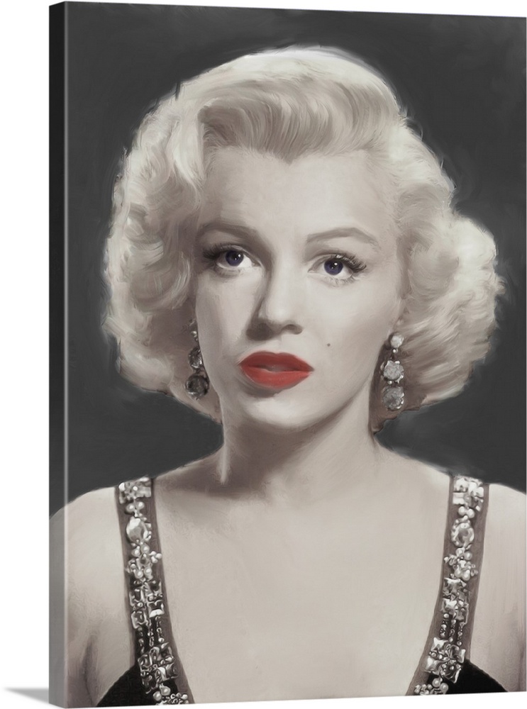 Digital art painting in black and white with spot color, of Marilyn Monroe in Marilyn Musing by Jerry Michaels.