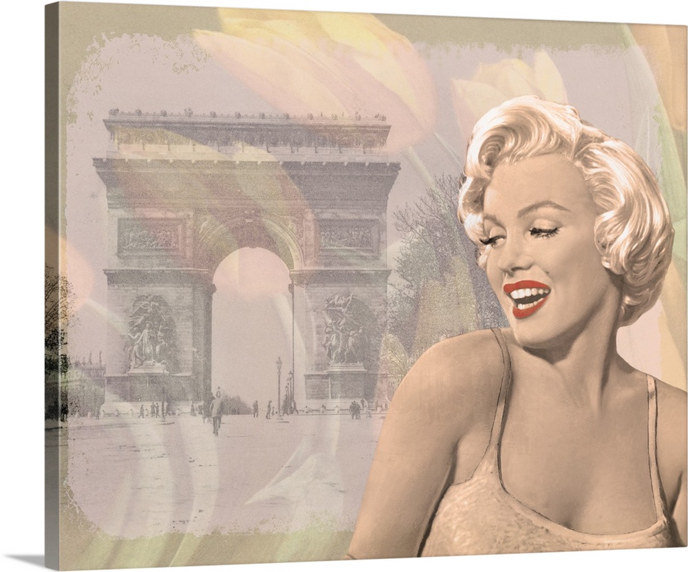 Inspired by the movie, Seven Year Itch, Marilyn Monroe looks elegantly over her shoulder with the Arc de Triomphe in the b...