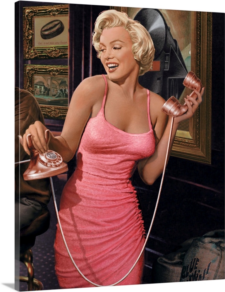 Portrait of Marilyn Monroe in a pink dress holding a classic telephone in a bar setting.