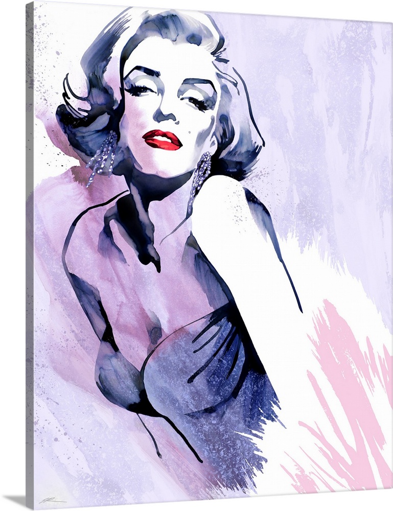 Marilyn Monroe's fashion pose ion black and white with red lips and a 1980's strapless dress with a purple watercolor wash.
