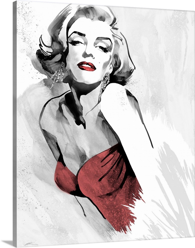 Marilyn Monroe's fashion pose in black and white with red lips and a red retro 1980's strapless dress.