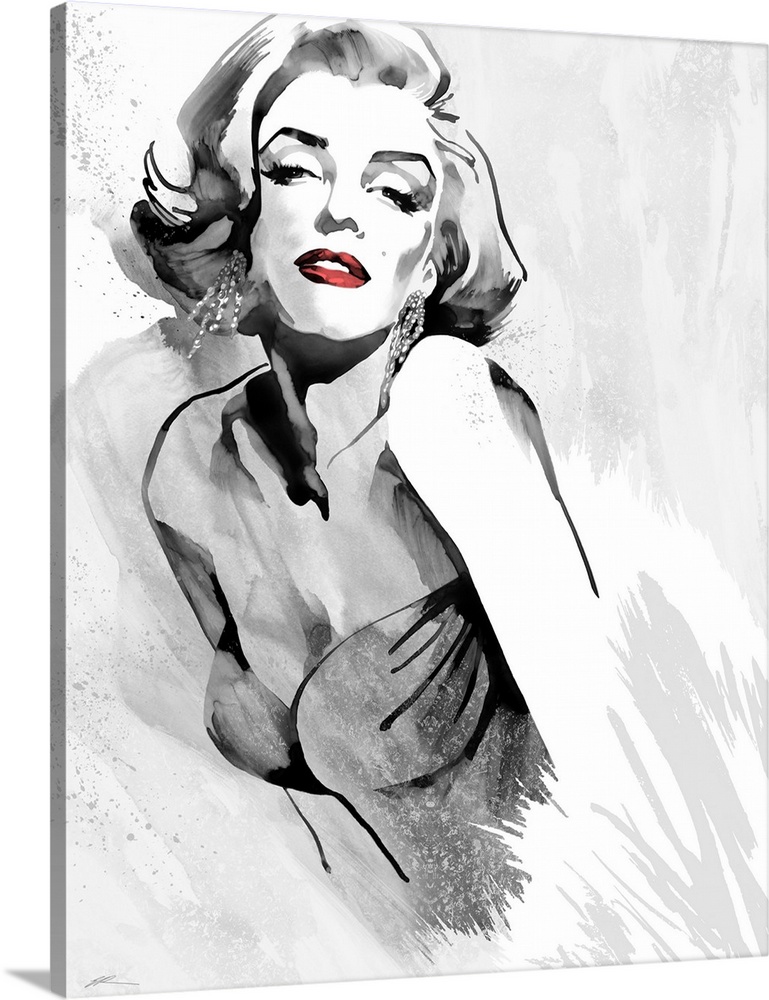 Marilyn Monroe's fashion pose in black and white with red lips and a retro 1980's strapless dress.