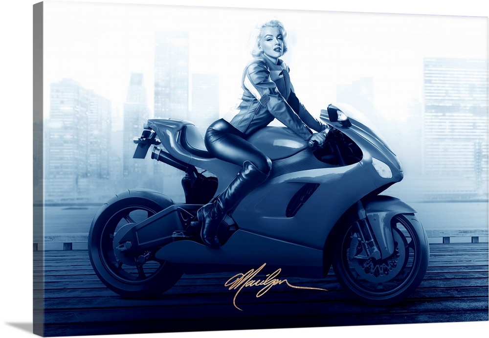 Marilyn Monroe riding a new model motorcycle.