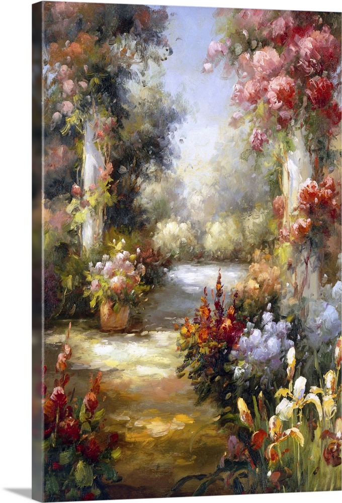 Rococo-style painting of a garden filled with exotic flowers.