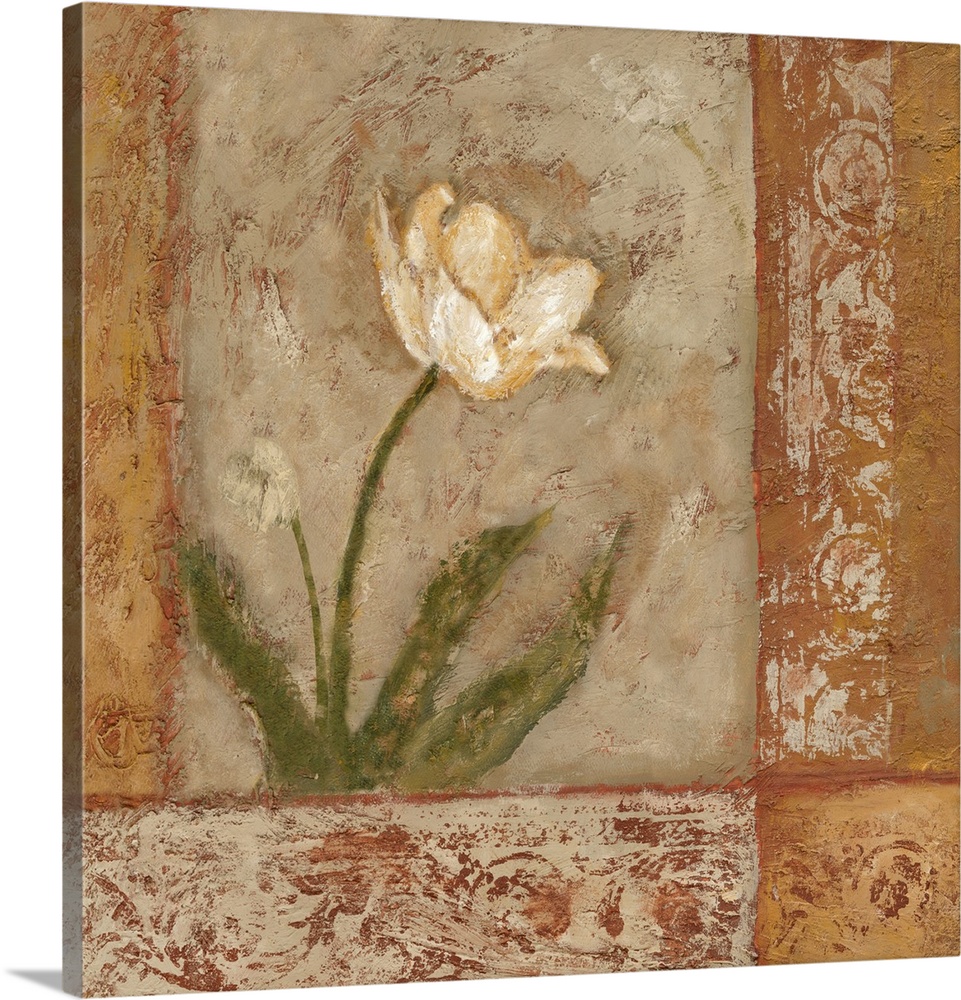 Contemporary artwork of white flowers in bloom on a textured background.
