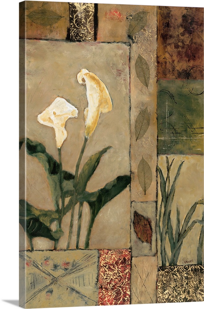 Contemporary painting of calla lily blooms with leaves over a geometric style background.