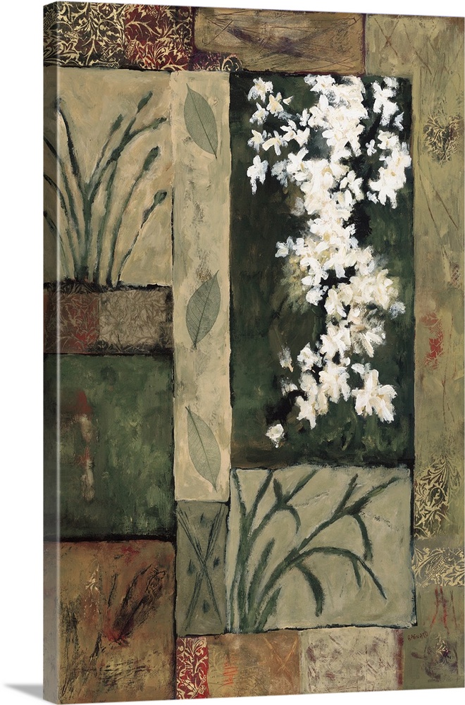 Contemporary painting of white flowers with leaves over a geometric style background.
