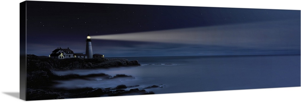 Digital art painting of a lighthouse shining over the sea.