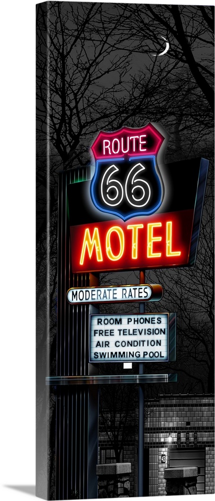 Digital art painting in black and white with spot color of the Route 66 Motel sign at night by Helen Flint.