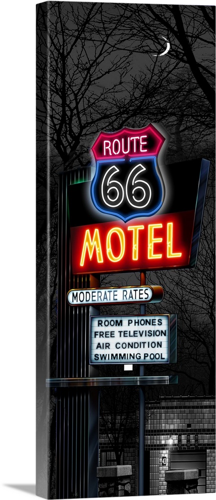 Digital art painting in black and white with some color of the Route 66 Motel sign at night.