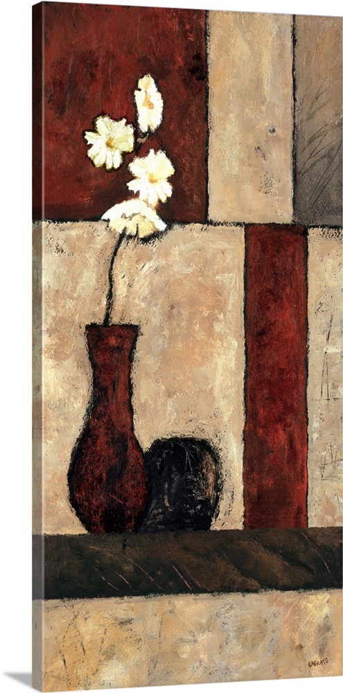 Contemporary painting of an orchid bloom in a vase on a table with geometric block pattern background.