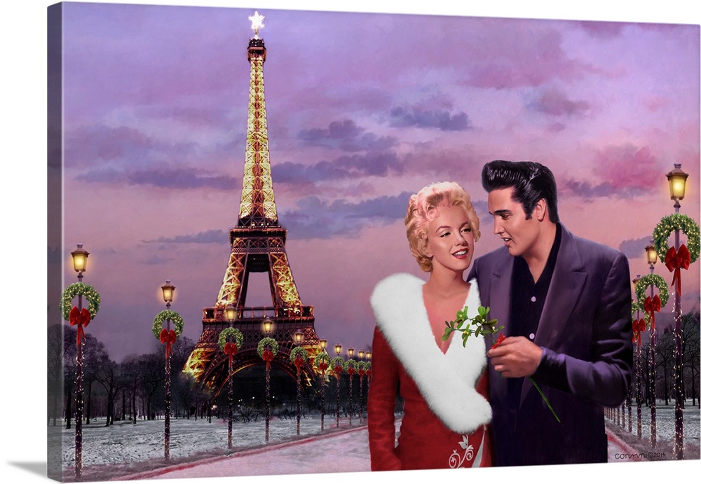 Elvis and Marilyn Monroe walking down a sidewalk in Paris with the Eiffel Tower in the background decorated for Christmas.