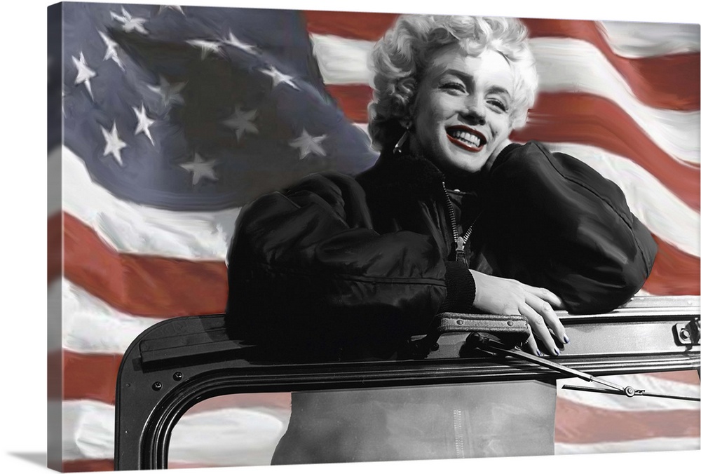 Painting of Marilyn Monroe standing in a Jeep with the American Flag waving behind her.