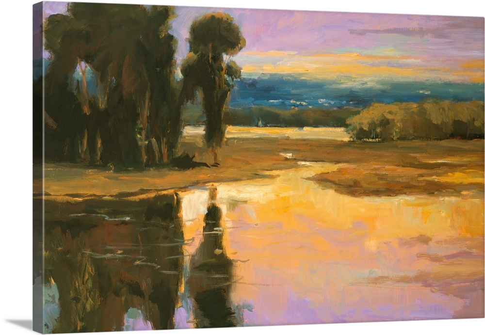 Fine art oil painting in bright and washed pastel hues of trees and a river by Allayn Stevens.