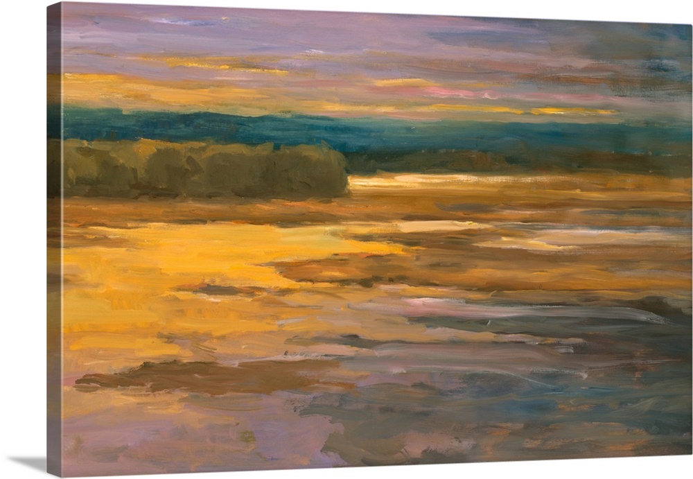 Fine art artwork in bright and washed pastel hues of a river basin.