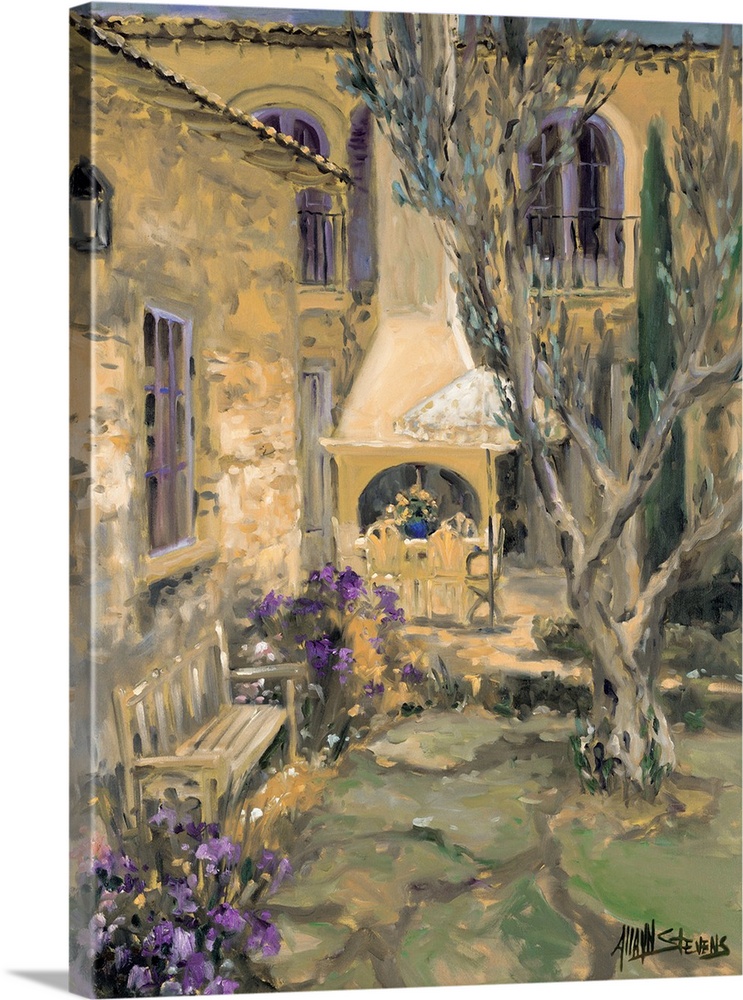 Fine art oil painting still life of a peaceful patio and fireplace by Allayn Stevens.