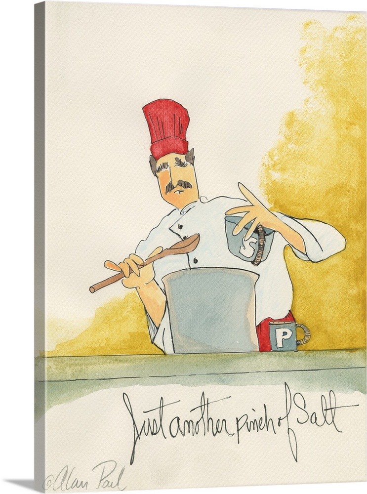 Watercolor painting with pen and ink details of a chef seasoning a pot of soup titled Pinch of Salt by Alan Paul.