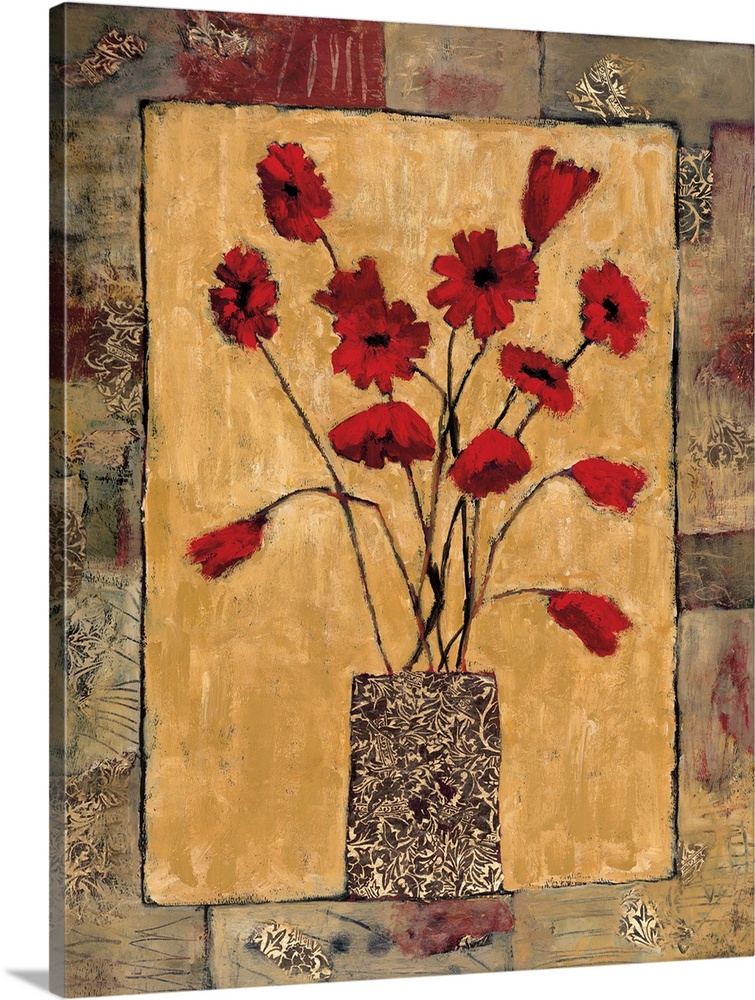 Contemporary artwork of a bouquet of red flowers in a patterned vase surrounded by textured border.