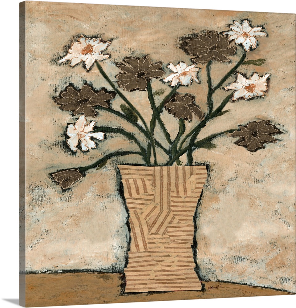 Contemporary artwork of a bouquet of white and brown cosmos flowers.