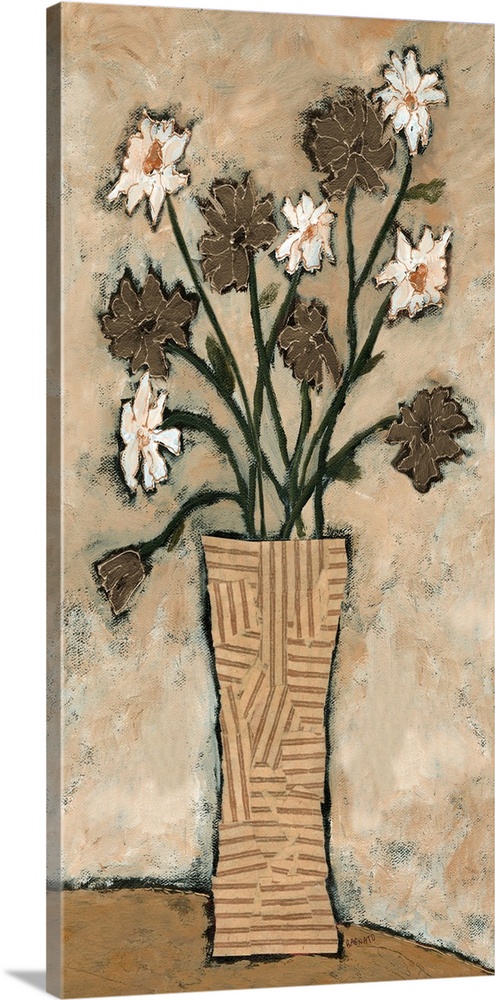 Contemporary artwork of a bouquet of white and brown blooming flowers.