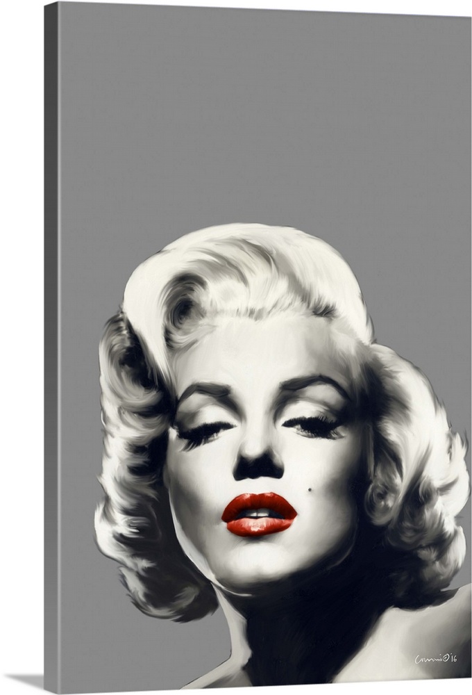 Black, white, and gray digital art painting of Marilyn Monroe with red lips.