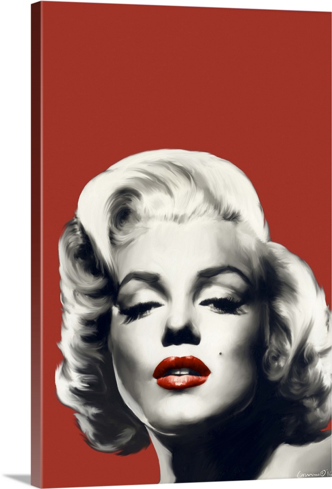 Portrait of actress Marilyn Monroe with red lips against a red background.